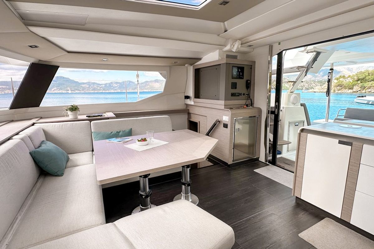 Salon of Smart Way, a Fountaine Pajot Tanna 47 catamaran at Marmaris, Turkey