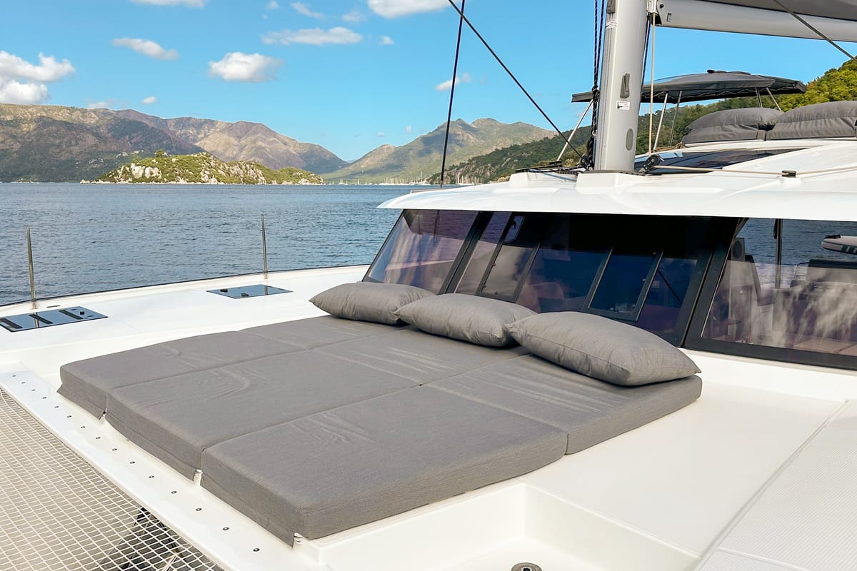 Deck of Smart Way, a Fountaine Pajot Tanna 47 catamaran at Marmaris, Turkey