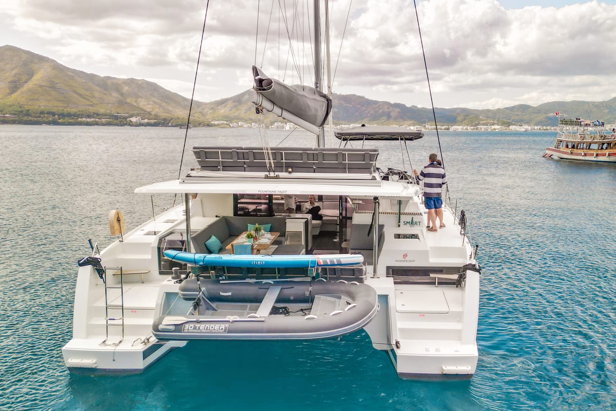 Exterior view of Smart Way, a Fountaine Pajot Tanna 47 catamaran at Marmaris, Turkey
