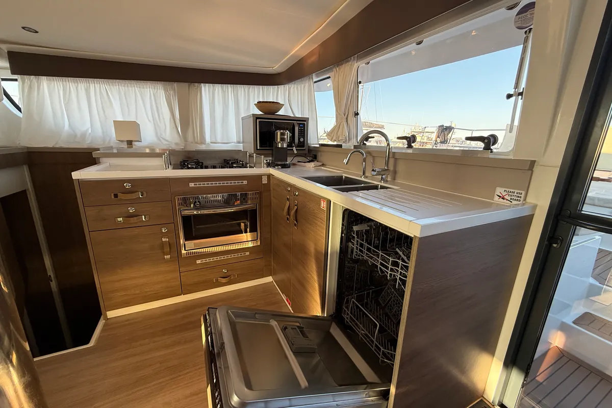 Galley of Thetis, a Bali 4.4 catamaran at Općina Rogoznica, Croatia