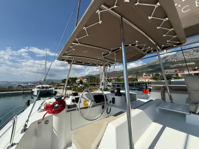 Cockpit of Thetis, a Bali 4.4 catamaran at Općina Rogoznica, Croatia