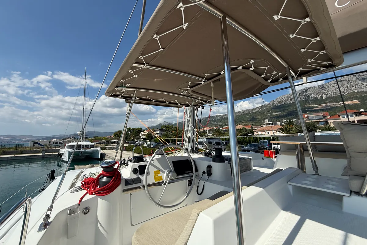 Cockpit of Thetis, a Bali 4.4 catamaran at Općina Rogoznica, Croatia