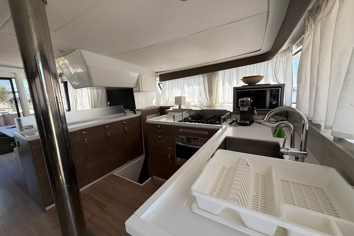 Galley of Thetis, a Bali 4.4 catamaran at Općina Rogoznica, Croatia