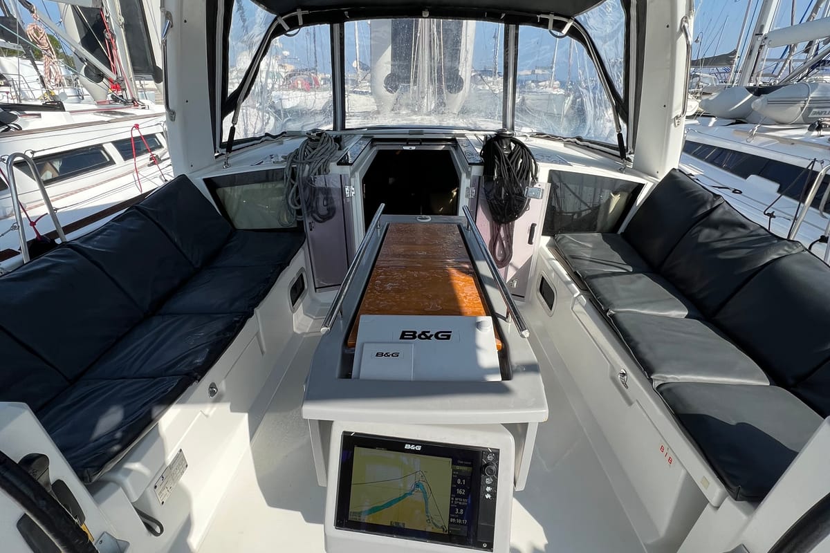Cockpit of Ocyrhoe, a Beneteau Oceanis 41.1 sailboat at Municipal Unit of Rhodes, Greece