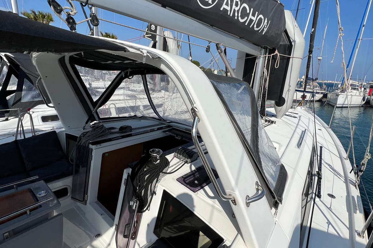 Exterior view of Ocyrhoe, a Beneteau Oceanis 41.1 sailboat at Municipal Unit of Rhodes, Greece