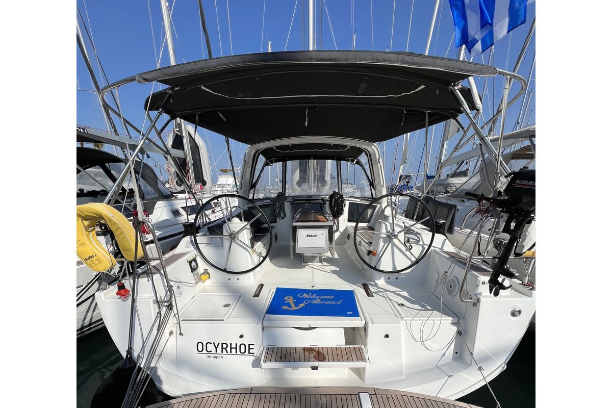 Exterior view of Ocyrhoe, a Beneteau Oceanis 41.1 sailboat at Municipal Unit of Rhodes, Greece