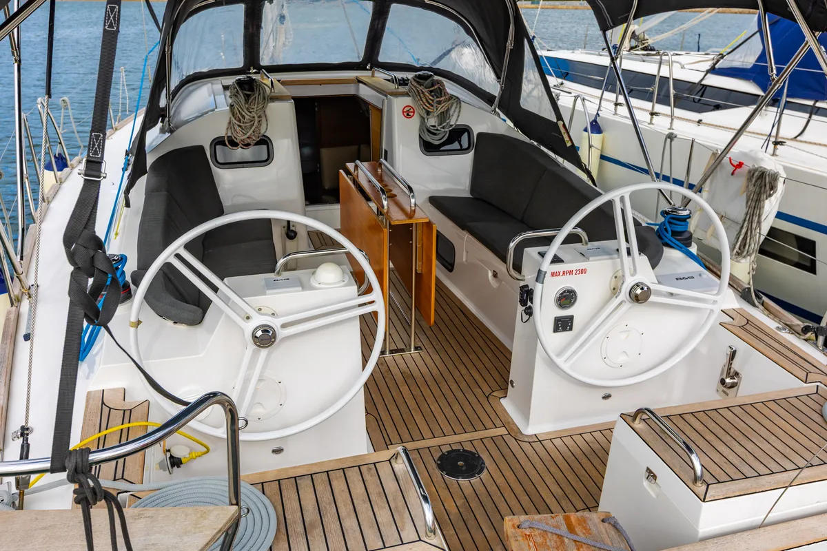 Cockpit of Best Secret, a Elan Impression 40.1 sailboat at Punat, Croatia