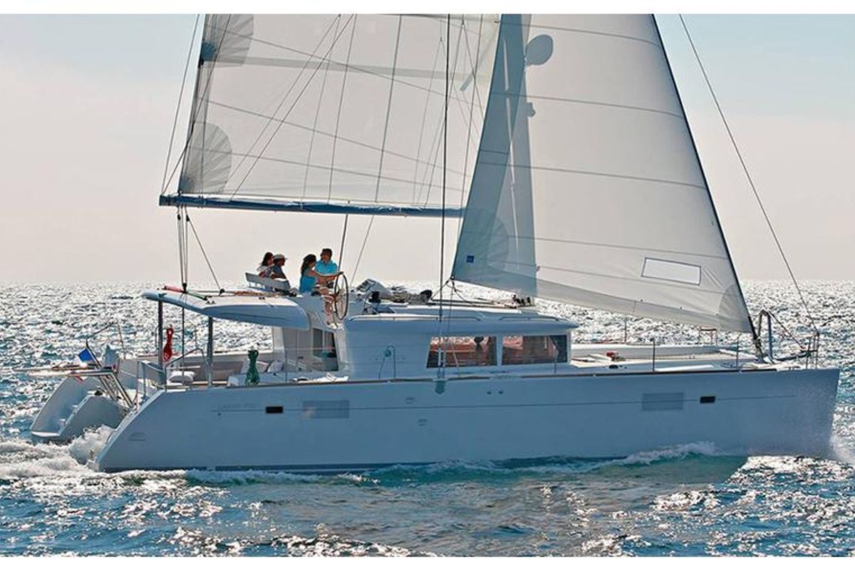 Exterior view of Solva, a Lagoon 450 catamaran at Kontokali, Greece