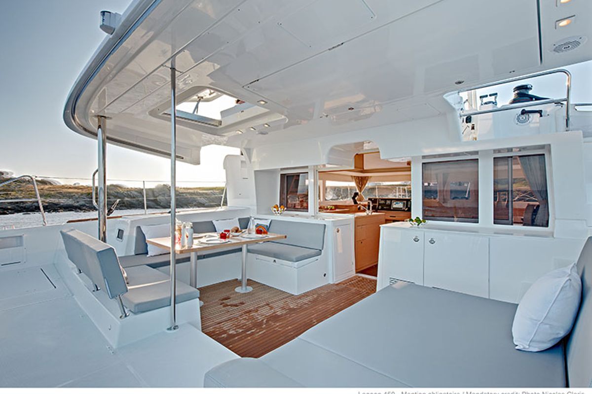 Deck of Solva, a Lagoon 450 catamaran at Kontokali, Greece
