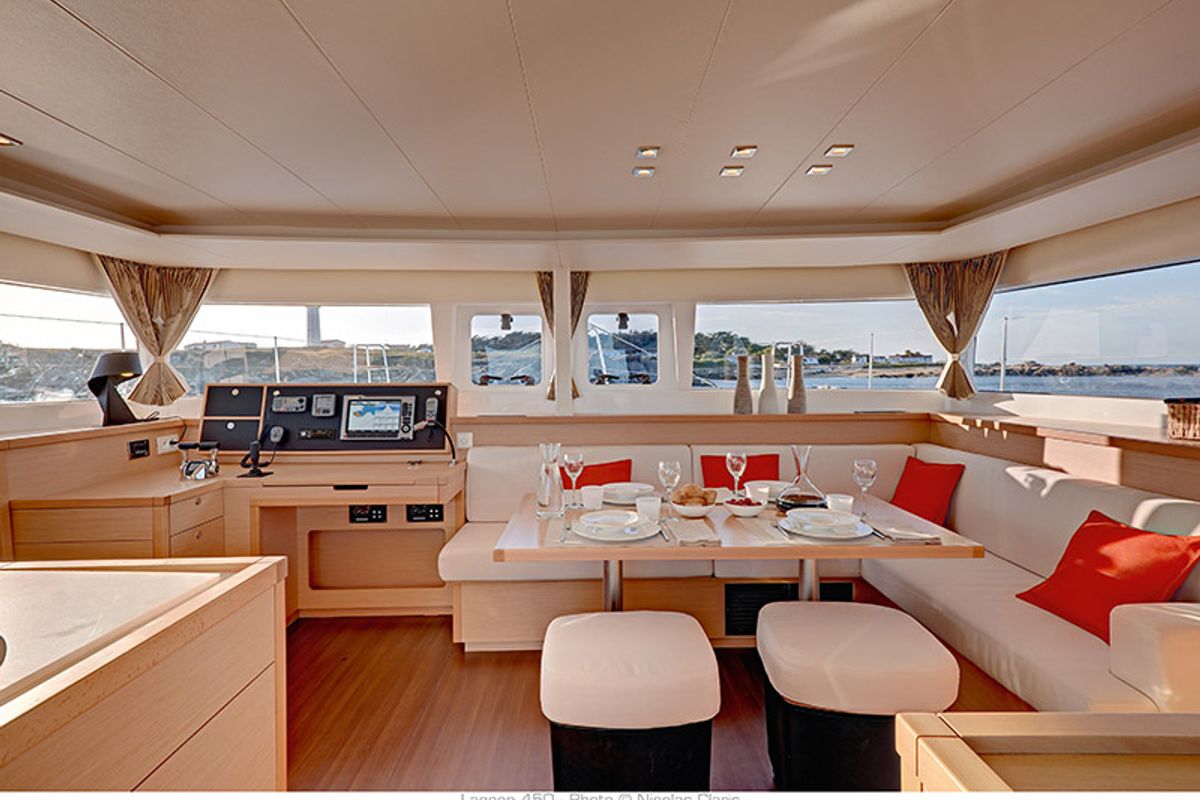 Salon of Solva, a Lagoon 450 catamaran at Kontokali, Greece