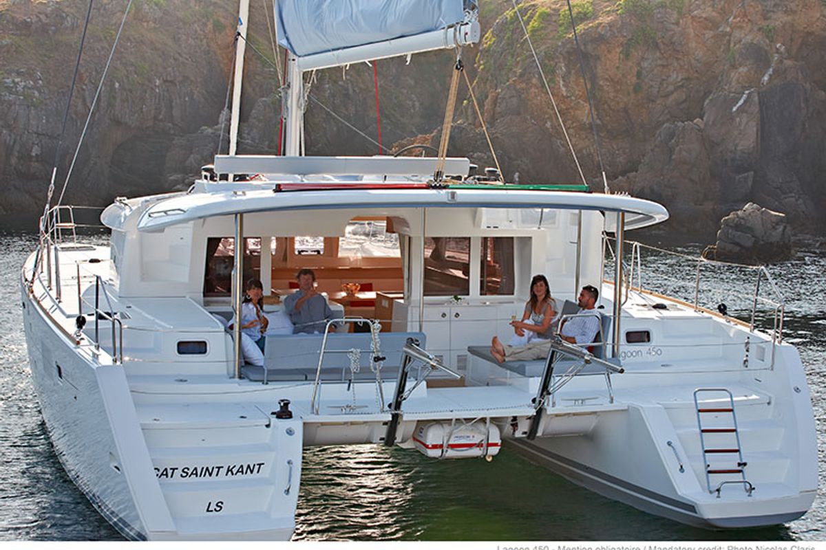Exterior view of Solva, a Lagoon 450 catamaran at Kontokali, Greece