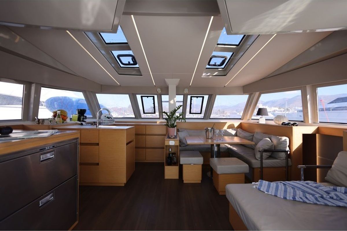 Salon of Aureliano, a Nautitech 46 Fly catamaran at Athens, Greece