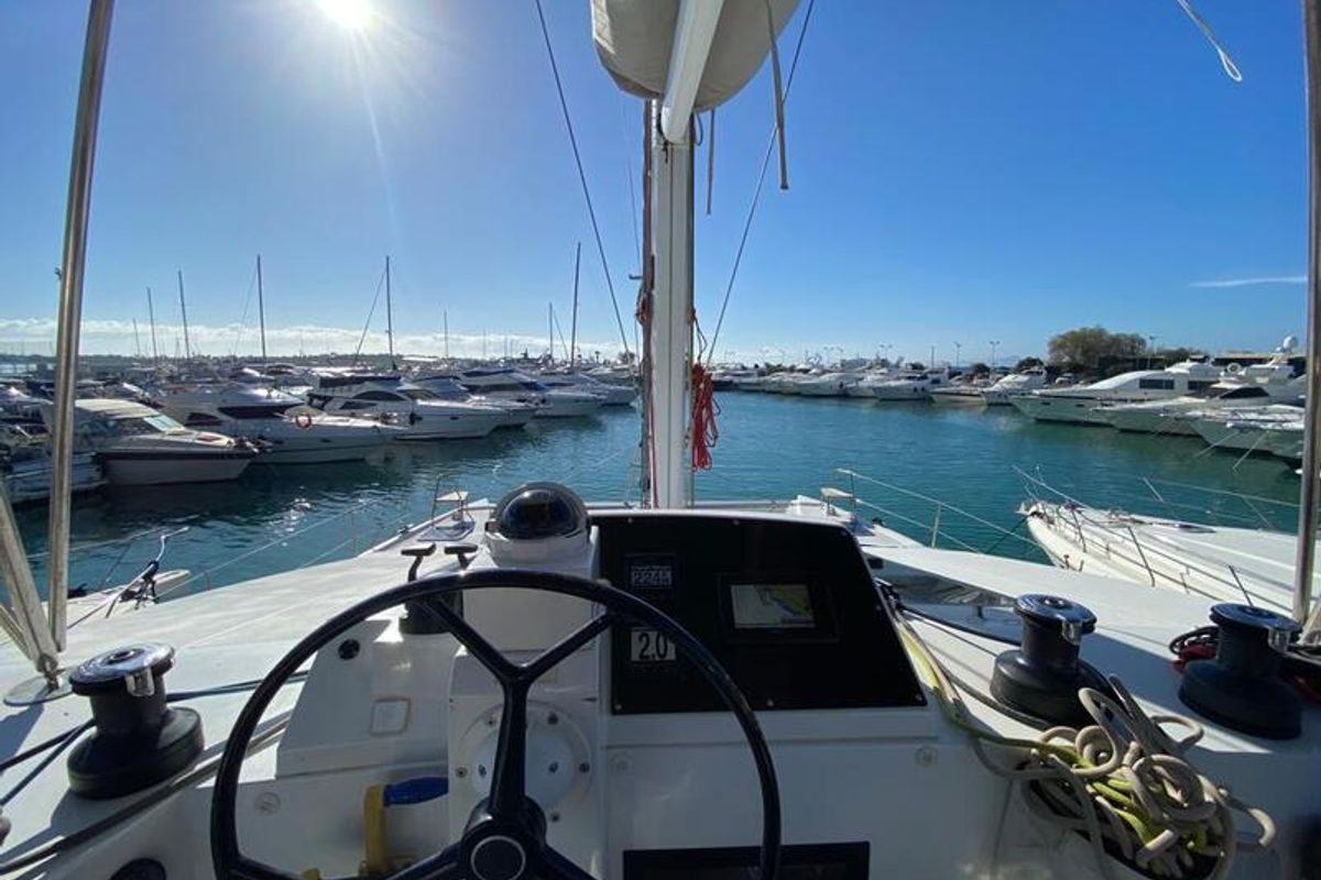 Cockpit of Aureliano, a Nautitech 46 Fly catamaran at Athens, Greece