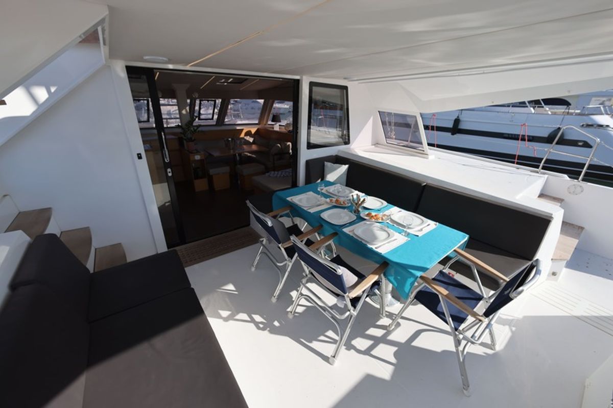 Deck of Aureliano, a Nautitech 46 Fly catamaran at Athens, Greece