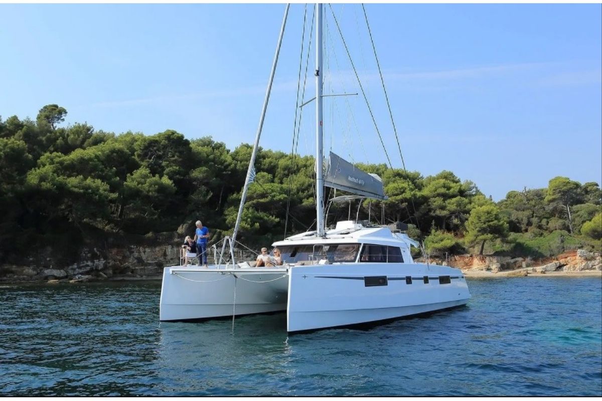 Exterior view of Aureliano, a Nautitech 46 Fly catamaran at Athens, Greece