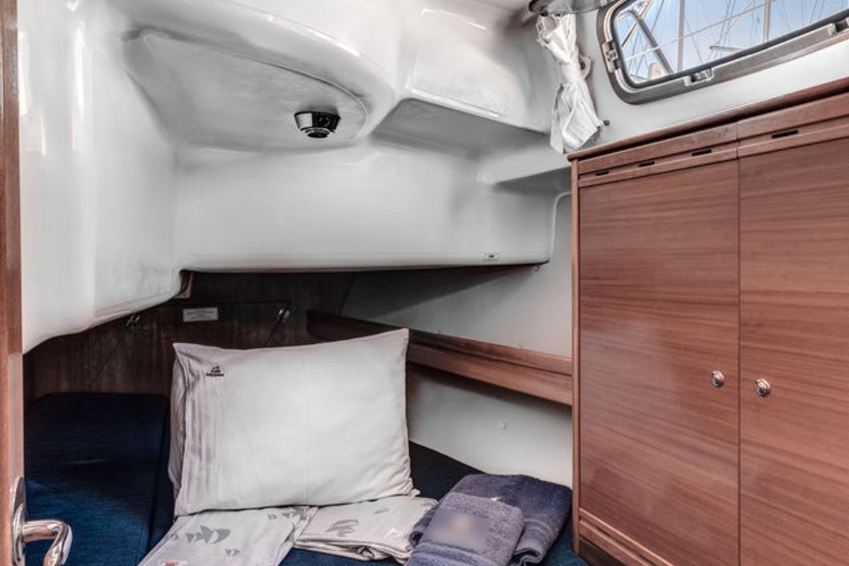 Cabin on Hespera, a Bavaria 37 Cruiser sailboat at Kontokali, Greece