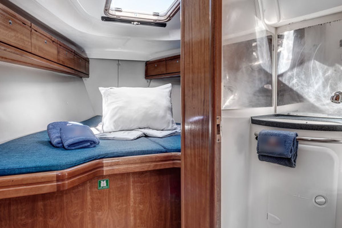 Cabin on Hespera, a Bavaria 37 Cruiser sailboat at Kontokali, Greece