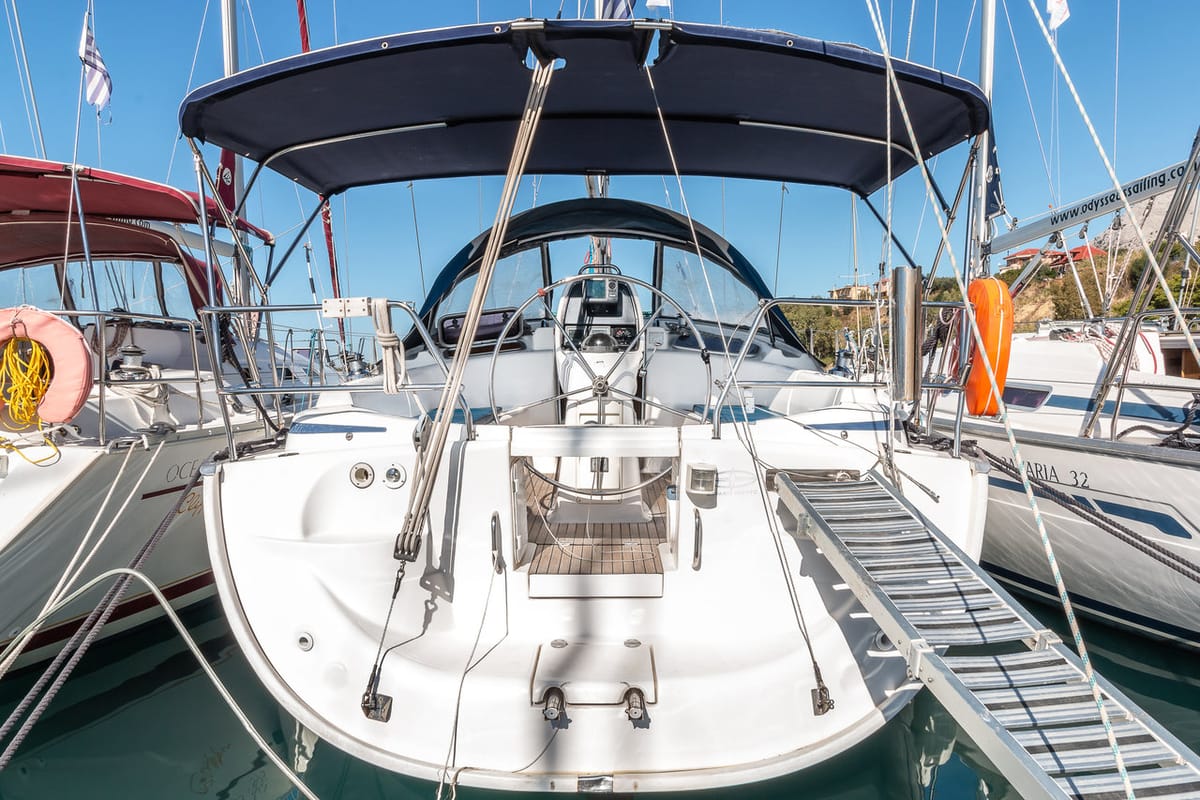 Exterior view of Hespera, a Bavaria 37 Cruiser sailboat at Kontokali, Greece