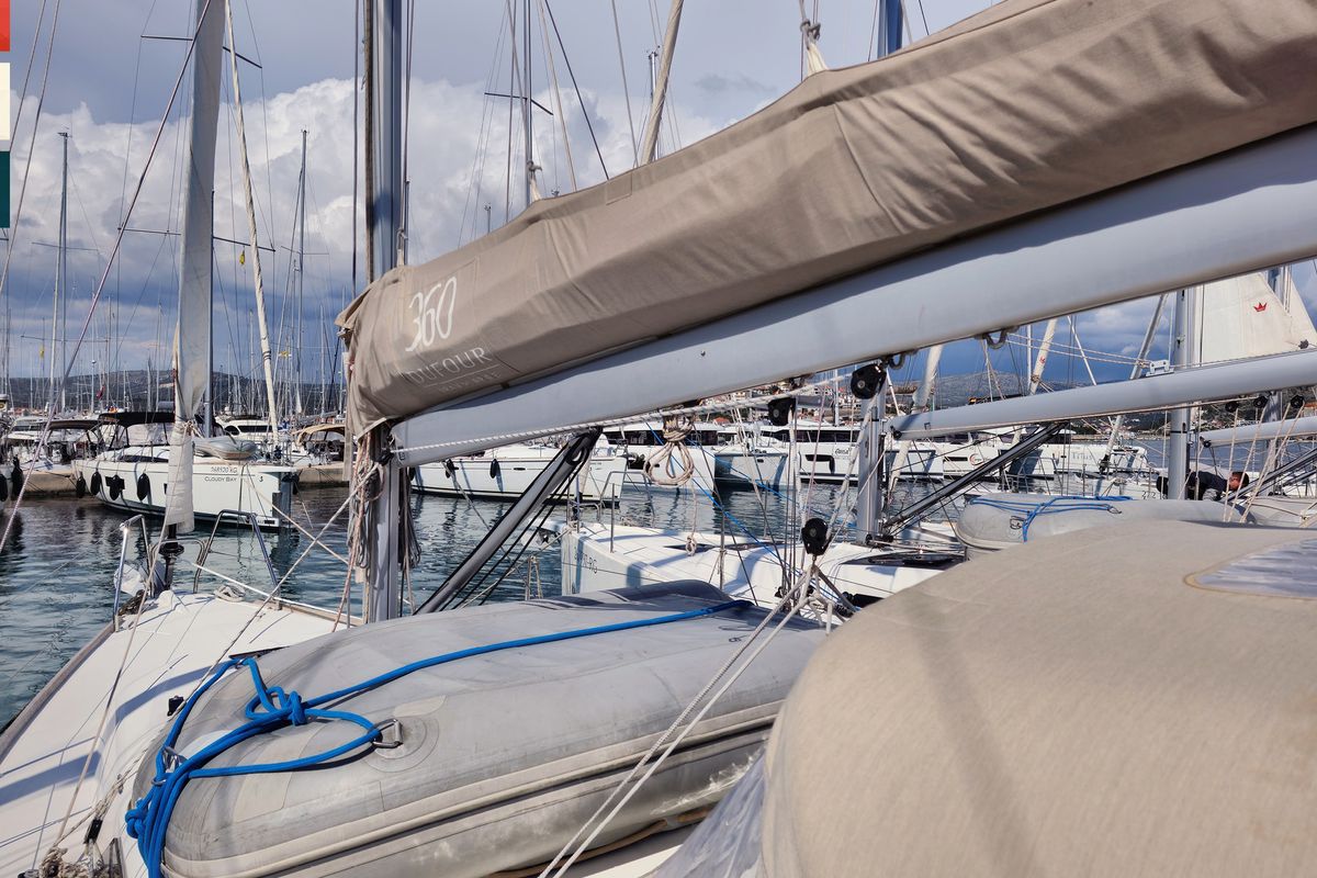 Deck of Lola, a Dufour 360 GL sailboat at Općina Rogoznica, Croatia