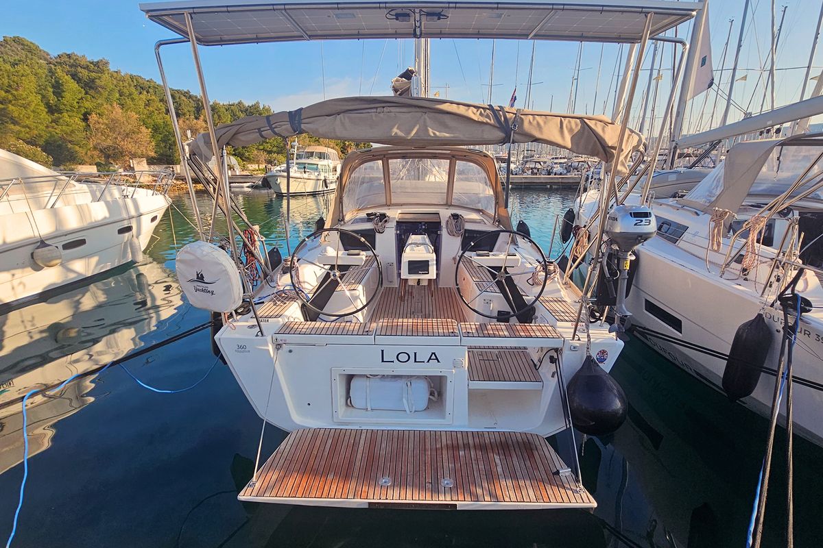 Exterior view of Lola, a Dufour 360 GL sailboat at Općina Rogoznica, Croatia
