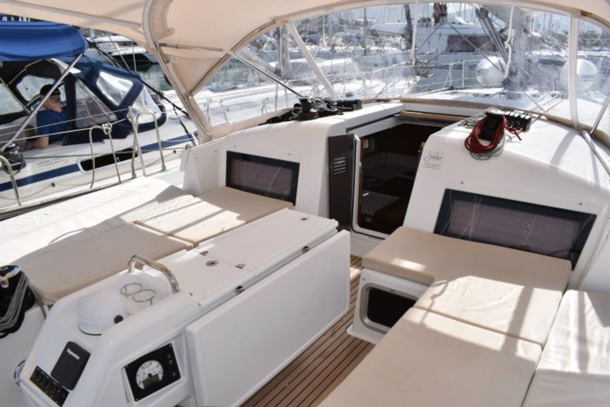 Cockpit of PROUD MARY, a Jeanneau Sun Odyssey 440 sailboat at Općina Sukošan, Croatia