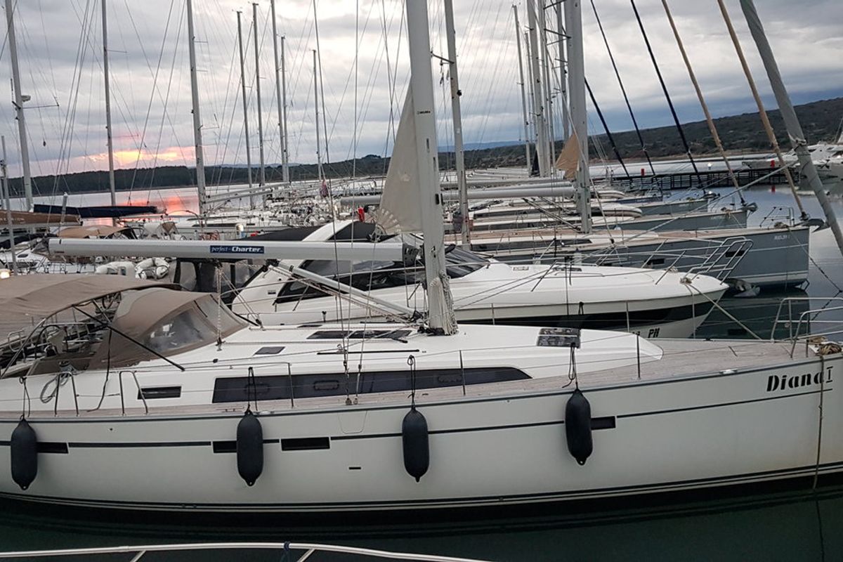 Exterior view of Diana, a Bavaria Cruiser 46 sailboat at Punat, Croatia