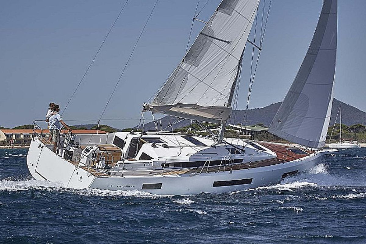 Exterior view of Navillera, a Jeanneau Sun Odyssey 440 sailboat at Skiathos, Greece