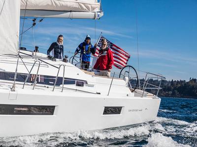 Deck of Navillera, a Jeanneau Sun Odyssey 440 sailboat at Skiathos, Greece