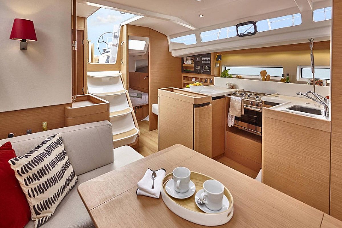 Salon of Navillera, a Jeanneau Sun Odyssey 440 sailboat at Skiathos, Greece