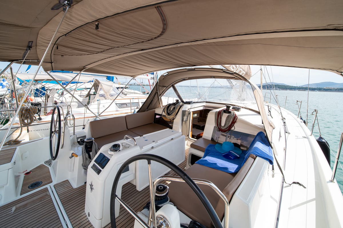 Head on Navillera, a Jeanneau Sun Odyssey 440 sailboat at Skiathos, Greece