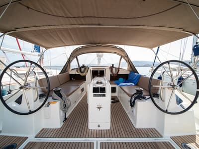 Cockpit of Navillera, a Jeanneau Sun Odyssey 440 sailboat at Skiathos, Greece