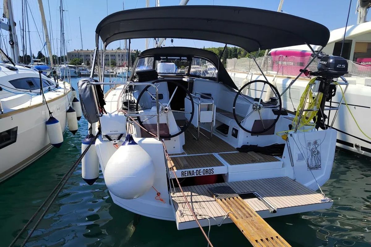 Exterior view of Reina De Oros, a Jeanneau Sun Odyssey 349 sailboat at Grad Pula, Croatia
