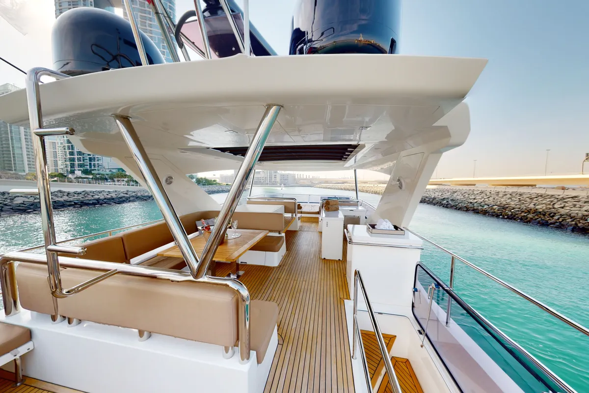 Bella 780, a Galeon Galeon 780 yacht at Dubai Harbour, United Arab Emirates