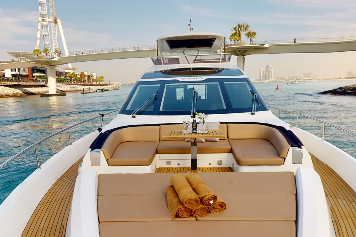 Bella 780, a Galeon Galeon 780 yacht at Dubai Harbour, United Arab Emirates