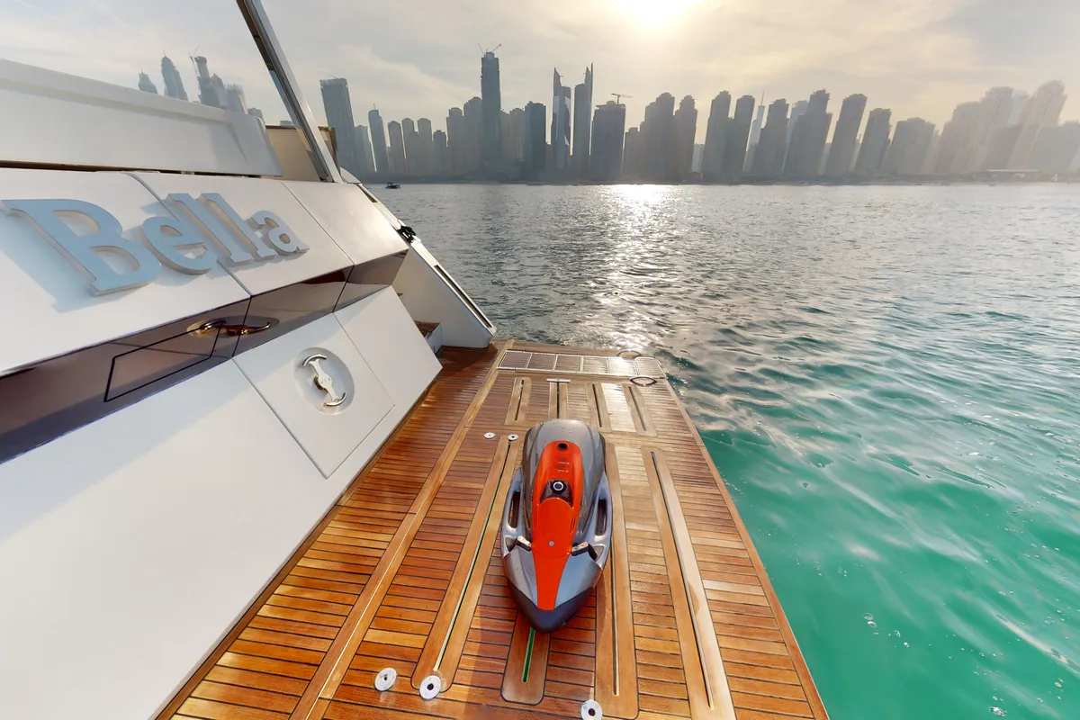 Bella 780, a Galeon Galeon 780 yacht at Dubai Harbour, United Arab Emirates
