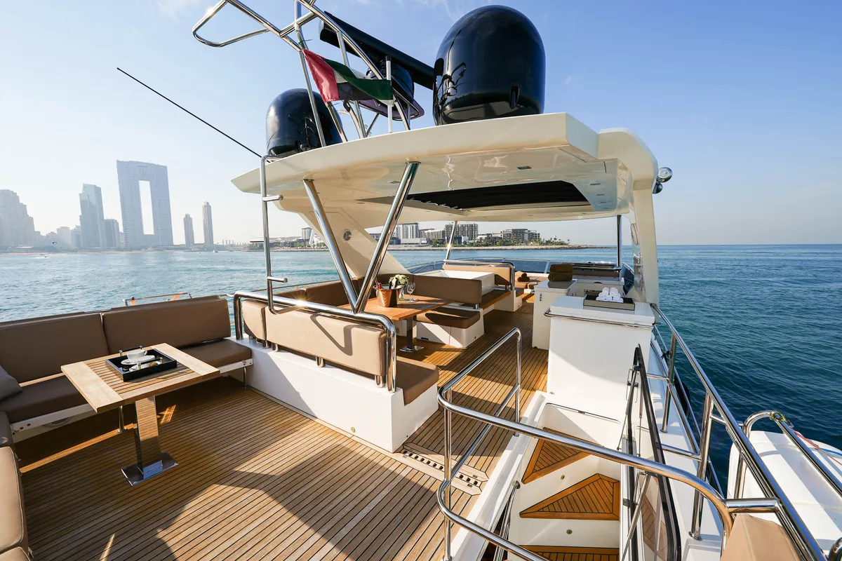 Bella 780, a Galeon Galeon 780 yacht at Dubai Harbour, United Arab Emirates