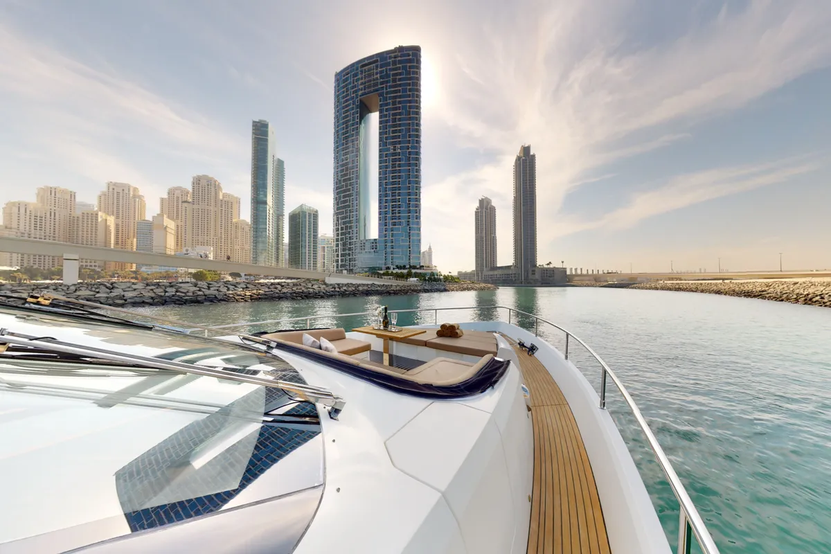 Bella 780, a Galeon Galeon 780 yacht at Dubai Harbour, United Arab Emirates