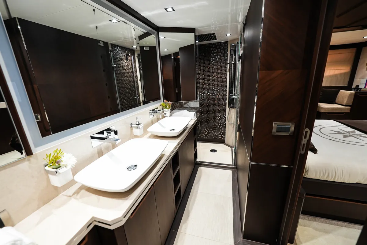 Bella 780, a Galeon Galeon 780 yacht at Dubai Harbour, United Arab Emirates