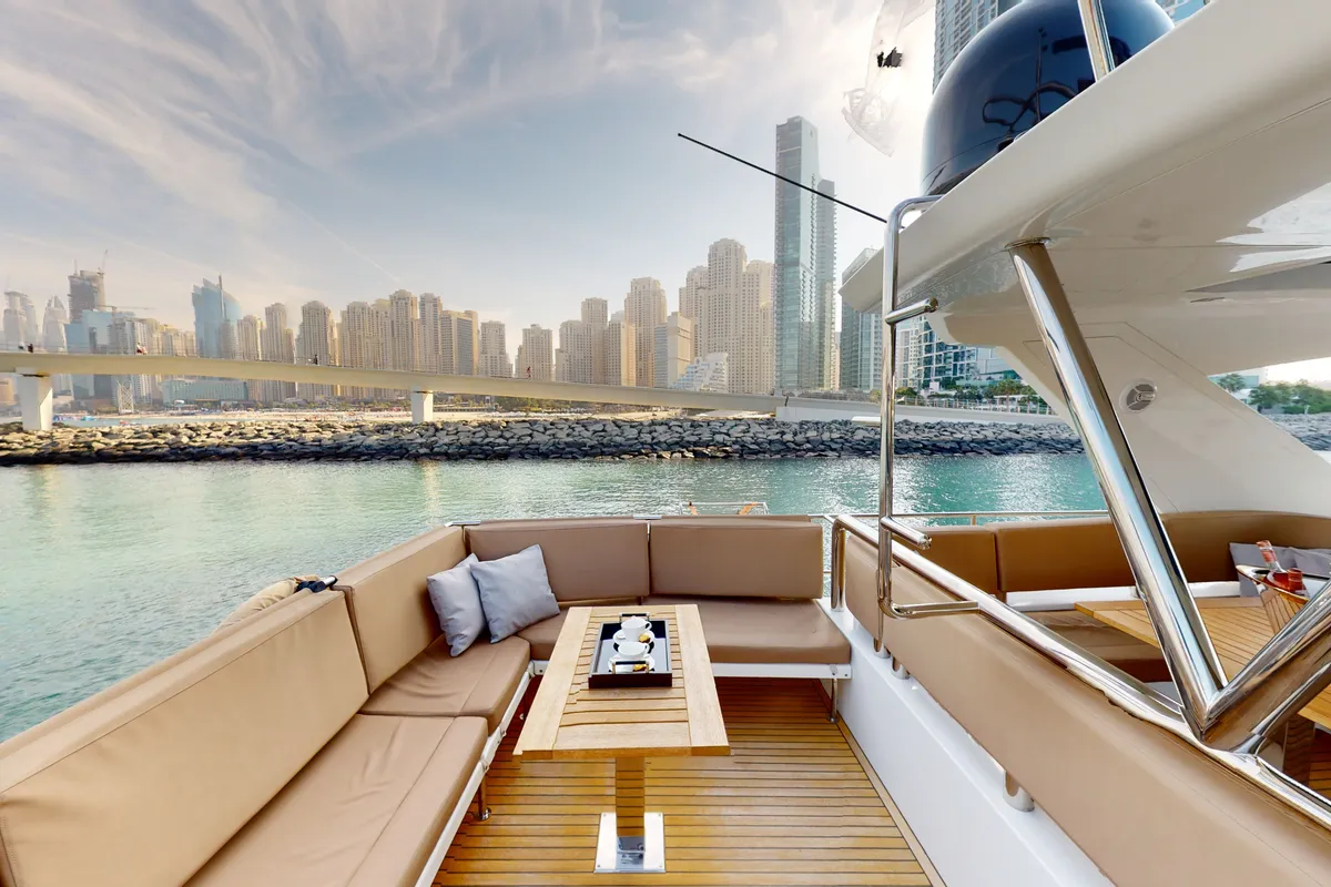 Bella 780, a Galeon Galeon 780 yacht at Dubai Harbour, United Arab Emirates
