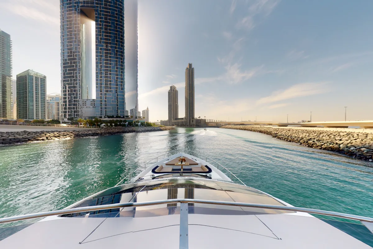 Bella 780, a Galeon Galeon 780 yacht at Dubai Harbour, United Arab Emirates