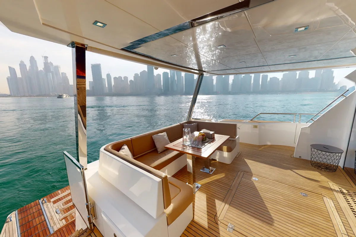 Bella 780, a Galeon Galeon 780 yacht at Dubai Harbour, United Arab Emirates