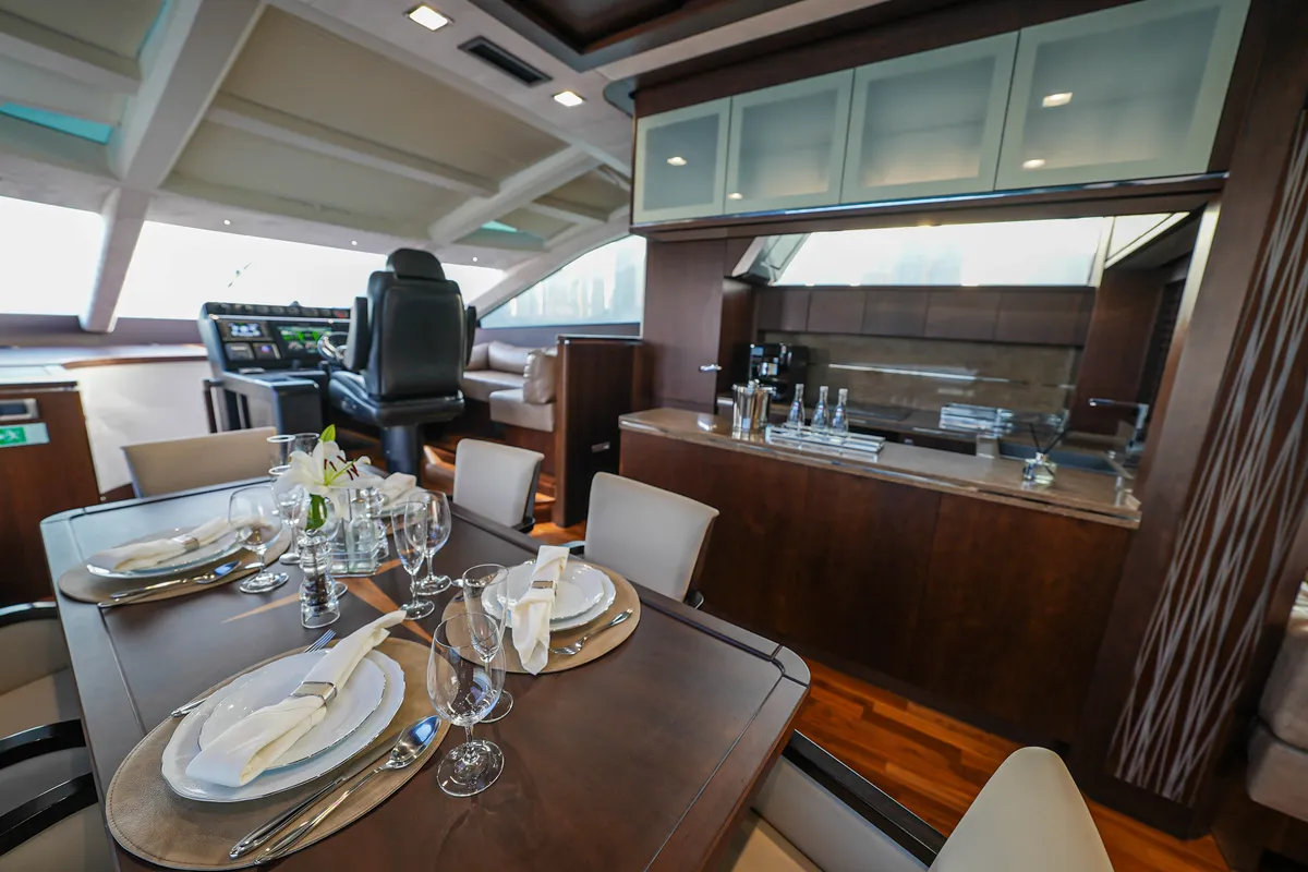 Bella 780, a Galeon Galeon 780 yacht at Dubai Harbour, United Arab Emirates