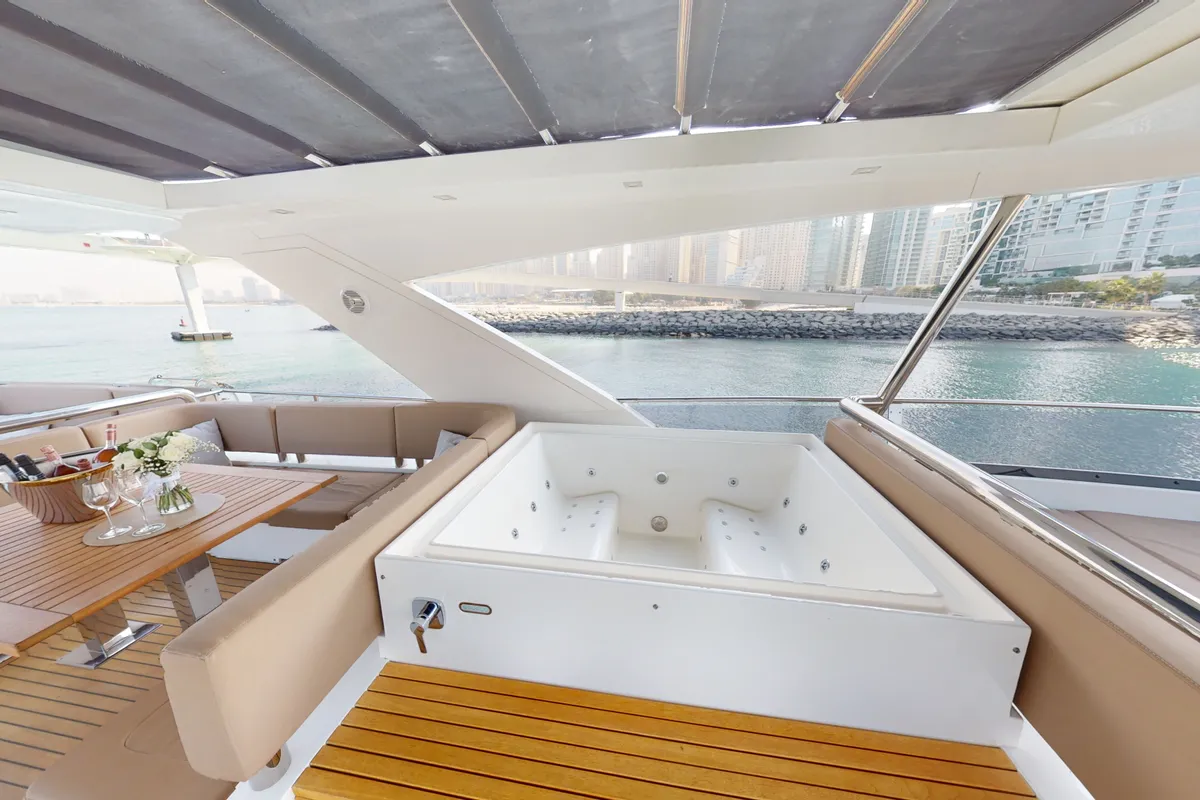 Bella 780, a Galeon Galeon 780 yacht at Dubai Harbour, United Arab Emirates