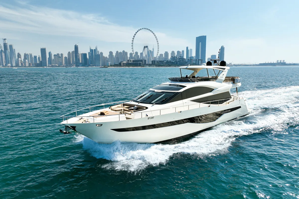 Bella 780, a Galeon Galeon 780 yacht at Dubai Harbour, United Arab Emirates