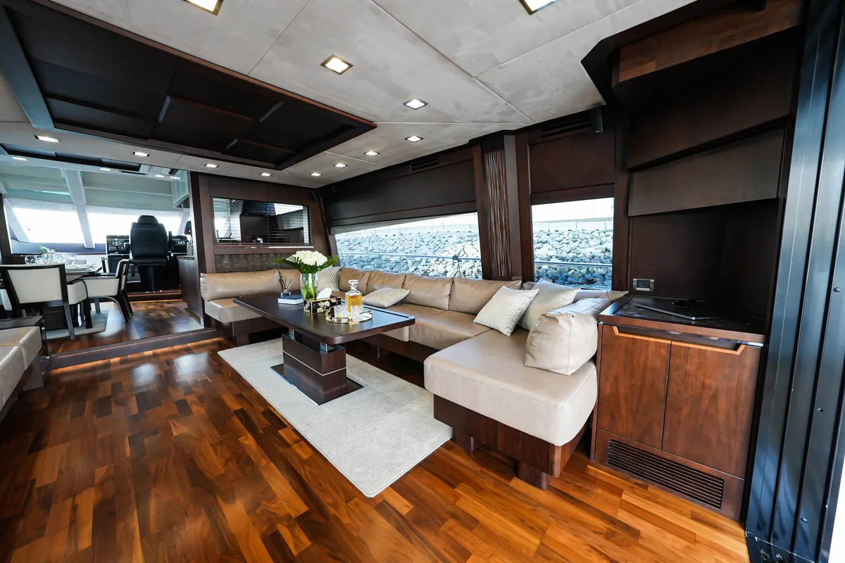 Bella 780, a Galeon Galeon 780 yacht at Dubai Harbour, United Arab Emirates