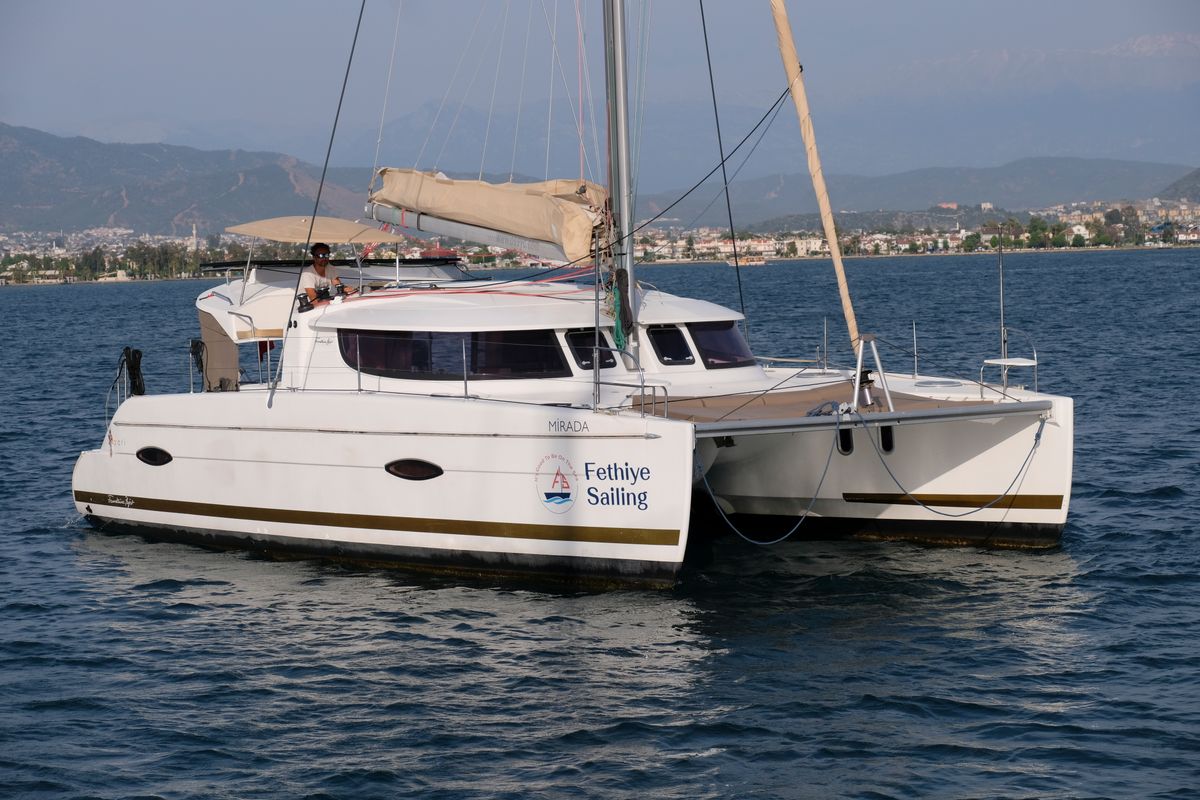 Exterior view of Mirada, a Fountaine Pajot Lipari 41 catamaran at Fethiye, Turkey