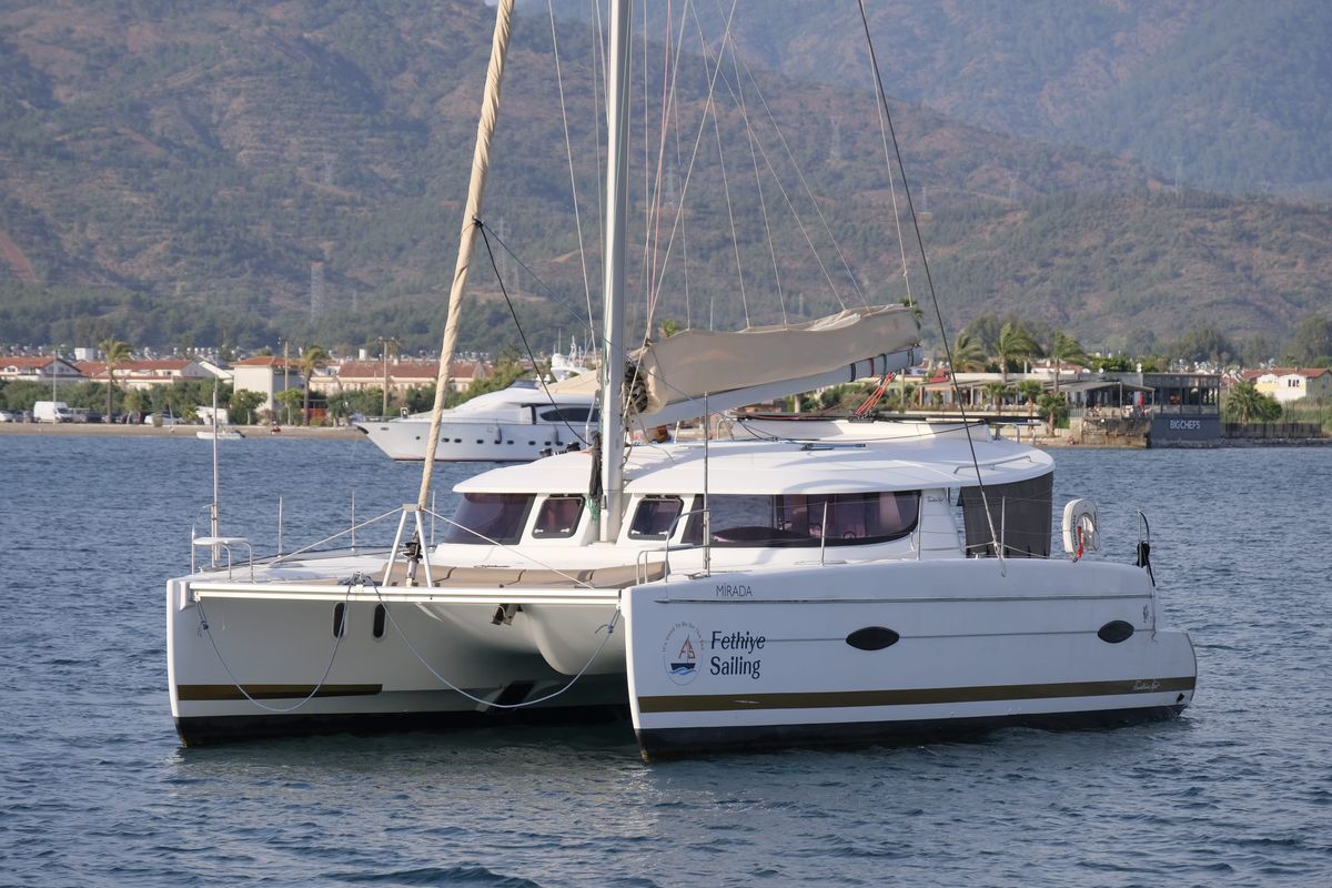 Exterior view of Mirada, a Fountaine Pajot Lipari 41 catamaran at Fethiye, Turkey