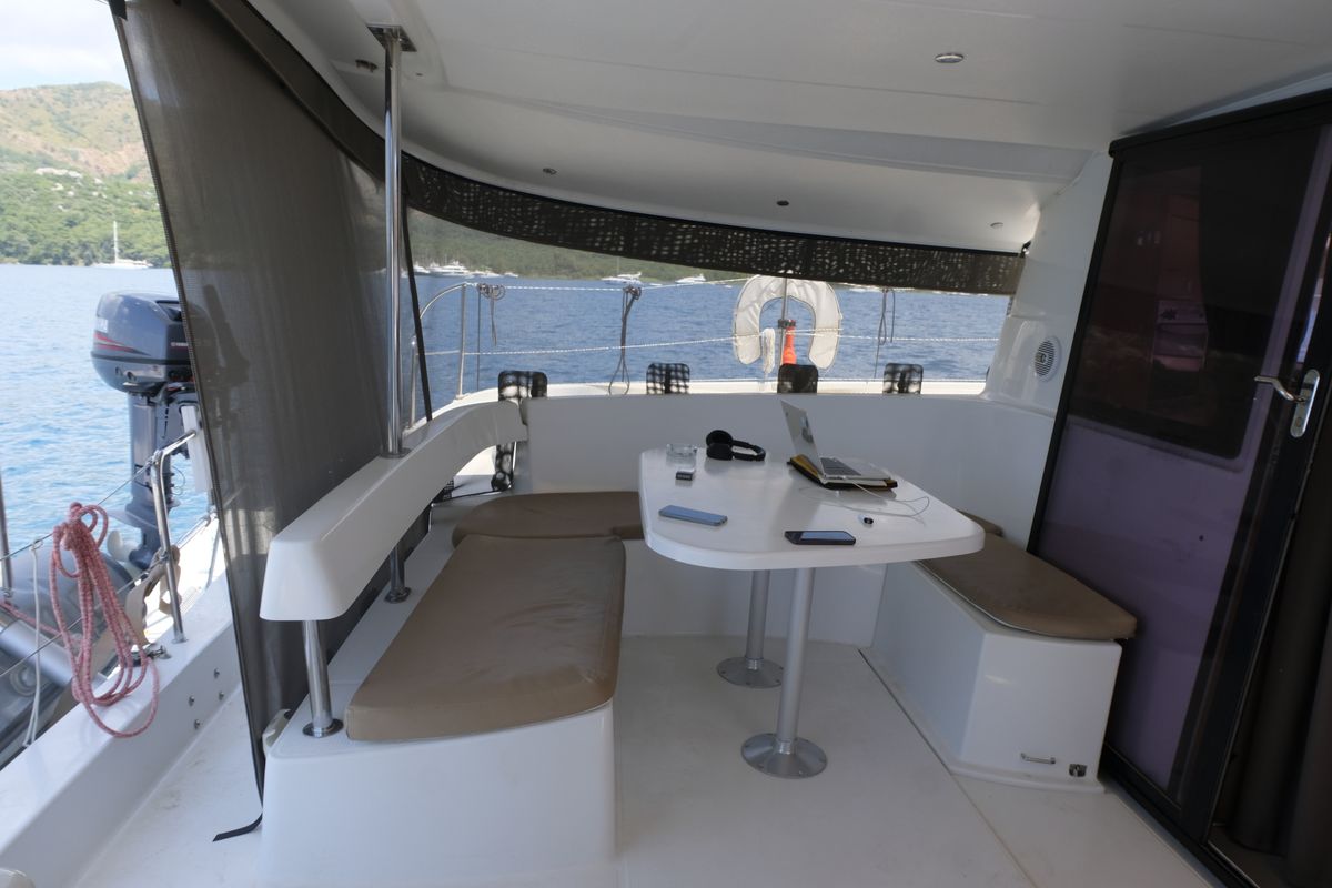 Deck of Mirada, a Fountaine Pajot Lipari 41 catamaran at Fethiye, Turkey
