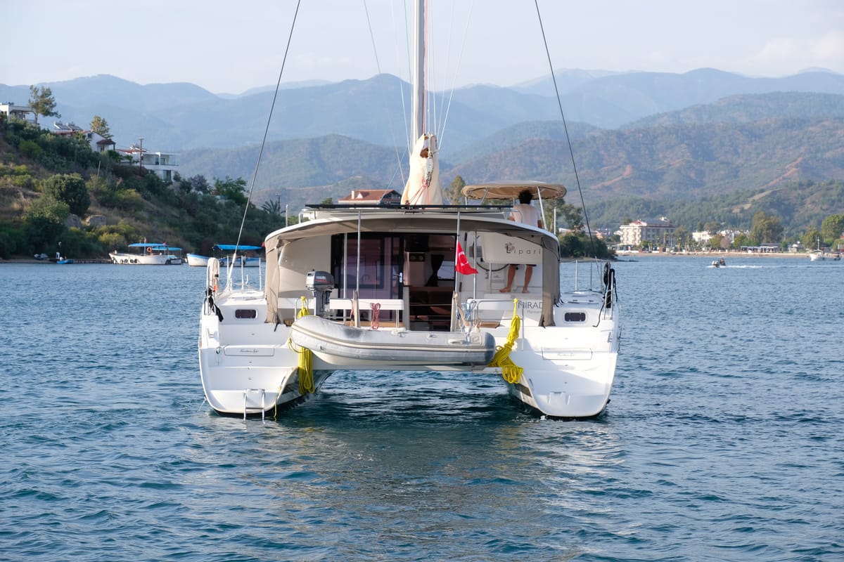 Exterior view of Mirada, a Fountaine Pajot Lipari 41 catamaran at Fethiye, Turkey