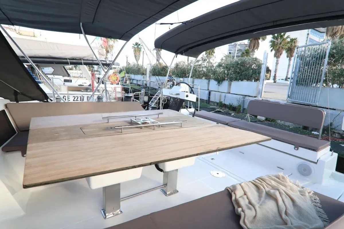 Deck of M'Arricrio, a Dufour 470 sailboat at Palermo, Italy